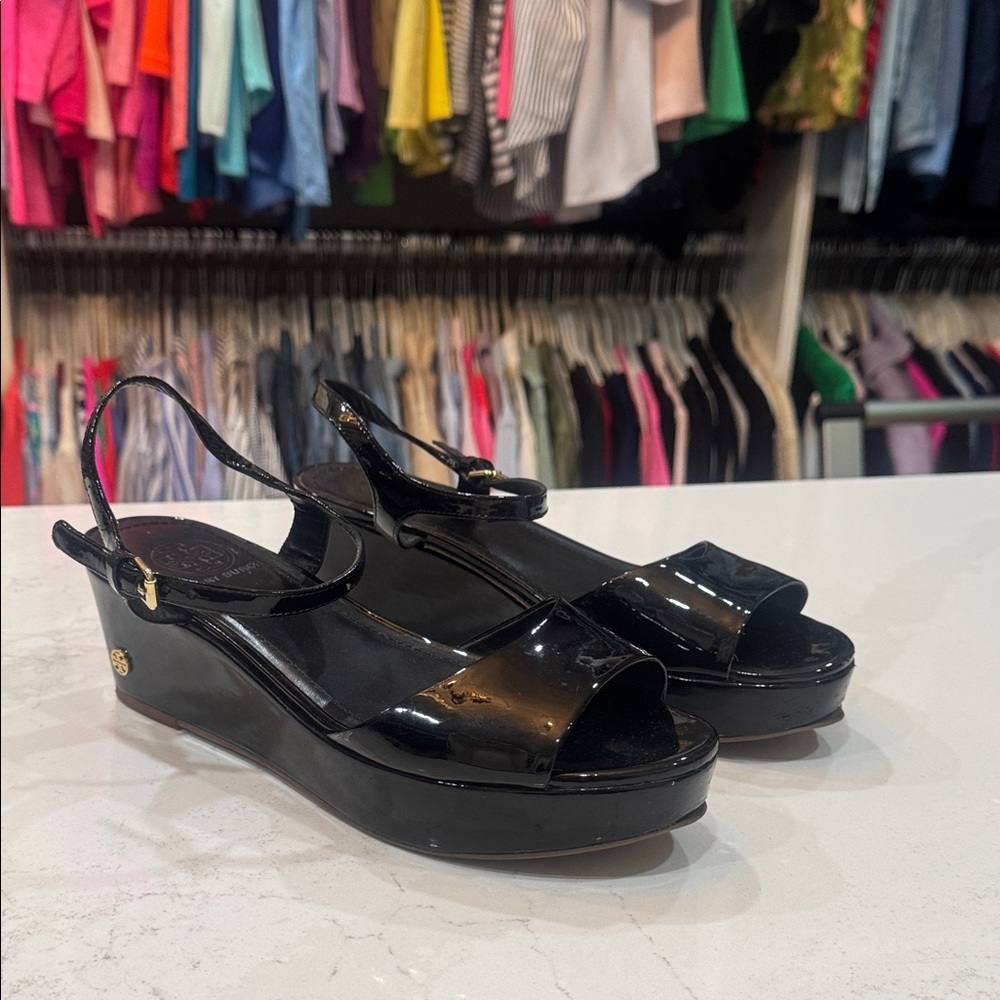 Tory Burch Black Patent Wedge Sandals